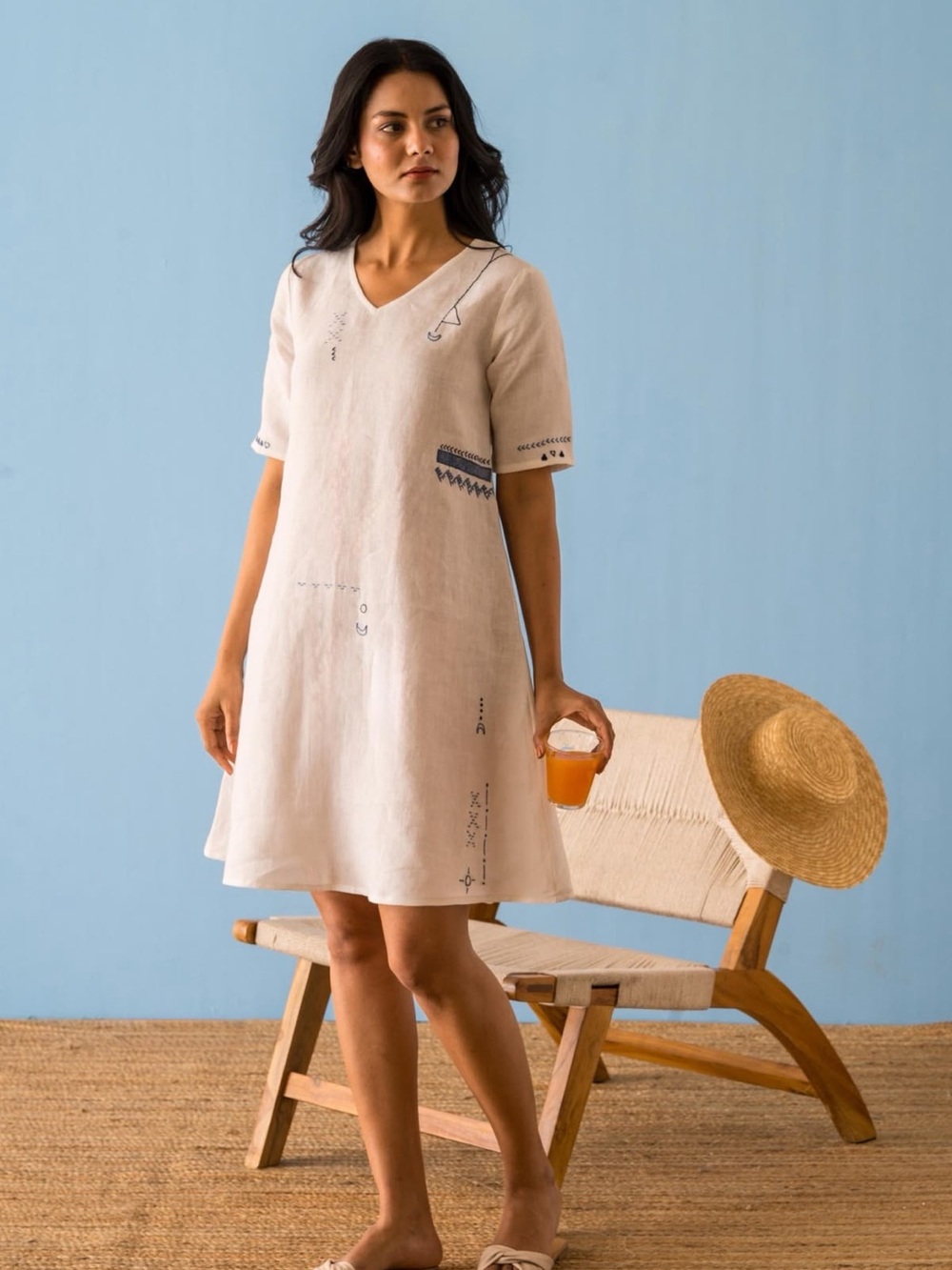 Women’s Natural Linen Midi Dress with Subtle Embroidery